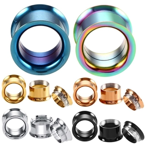 Detailed screw-fit design of polished stainless steel ear tunnels in six metallic colors