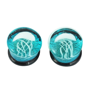 Blaue Quallen Glas Ohrtunnel mit schwarzer Basis, elegantes nautisches Piercing-Set
