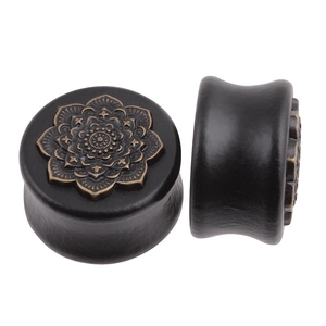 Wood ear gauges with bronze mandala flower in vintage saddle plug style