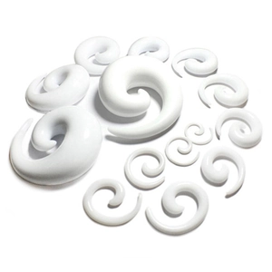 White acrylic spiral ear tapers set showing various gauge sizes for body piercing