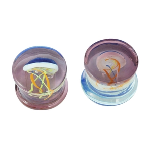 Paar lilafarbene Glas-Ohrplugs mit buntem handgefertigtem Quallendesign für Dehner