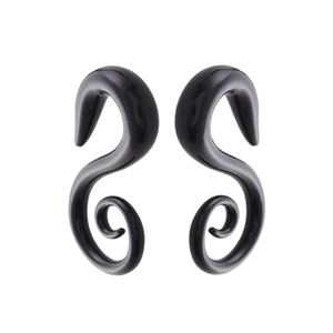 Polished black acrylic spiral snail ear gauges with symmetric S-curve design