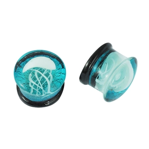 Blaue Glas-Ohrplugs mit detailliertem weißem Quallenmuster im doppelseitigen Design