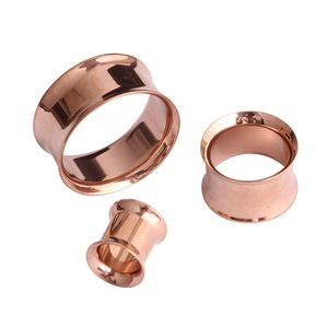 Three-piece rose gold double flared stainless steel ear tunnels in varied sizes