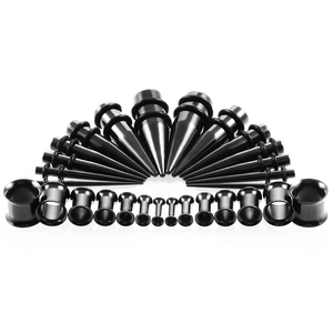 Black stainless steel ear stretching kit with 28 pieces including tapers and tunnels
