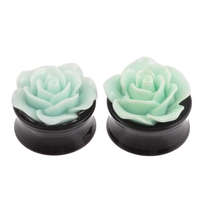Mintgrüne Rosen Acryl Ohr-Expander und schwarze Flesh Plugs für Körper Piercing Schmuck