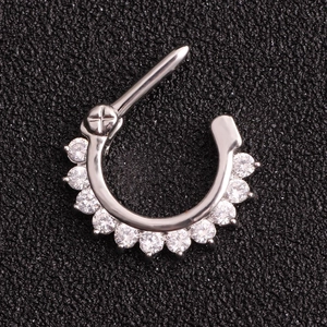Polished stainless steel septum clicker ring with 11 sparkling round clear zircons