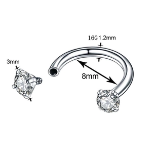 Polished stainless steel 16G horseshoe ring with clear cubic zirconia insets