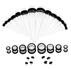 Weißes Acryl-Dehnstab-Set mit Tunneln und Plugs inklusive schwarzen O-Ringen