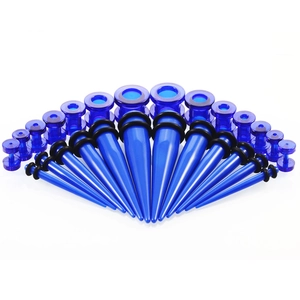 Transparante blauwe acryl oormeterset met tapers en plugs in verschillende maten