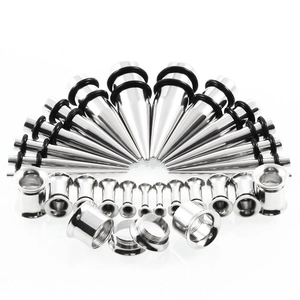 28-teiliges Dehnungsstab Set aus Edelstahl mit Tunnels und Taper von 12G bis 00G