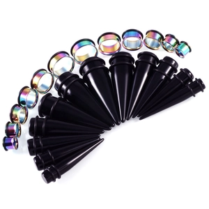 Black acrylic ear stretching kit with rainbow stainless steel tunnels from 10-20mm
