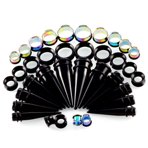 Ohr-Dehnset aus Acryl und Edelstahl mit regenbogenfarbenen und schwarzen Tunnels und Dehnern