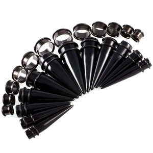 Black acrylic and stainless steel ear stretching kit with tapers and tunnels from 10-20mm