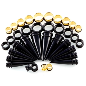 Ohr-Stretching-Kit mit schwarzen Acryl-Taper und Stahltunneln in Größen 10-20mm