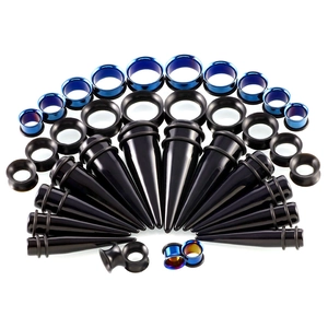 Detailansicht der Acryl-Taper und Tunnel-Ohrdehnungs-Set in Blau und Schwarz, verschiedene Größen