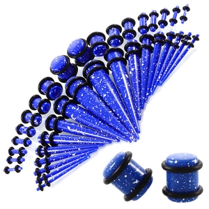 Dehner-Set aus blauem Acryl mit weißem Tintenspritzmuster und schwarzen Gummiringen
