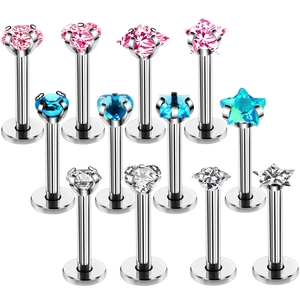 12pcs stainless steel flat back labret studs set with colorful cubic zirconia stones