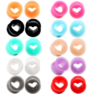 Set of 10 pairs heart-shaped colorful silicone ear gauges and tunnels for piercings