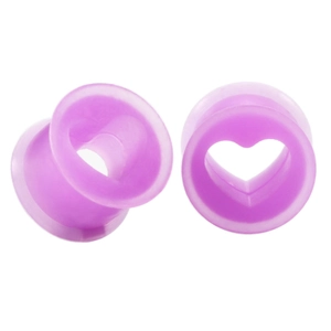 Detail of purple heart-shaped hollow silicone ear tunnels showing the flexible texture