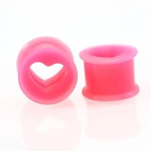 Pink heart-shaped silicone ear gauges for body piercing with double flared hollow design