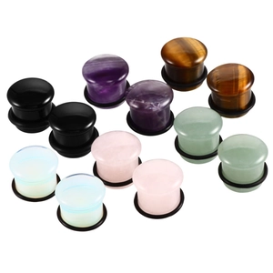 Set of natural stone mushroom ear plugs in various crystals with O-ring fasteners