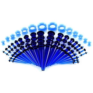 Detailliertes Set aus blauen Acryl-Dehnstäben und Tunneln in verschiedenen Größen