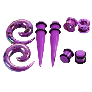 Paarse acryl oormeterset met spiralen, taps toelopende staafjes en marmeren tunnels