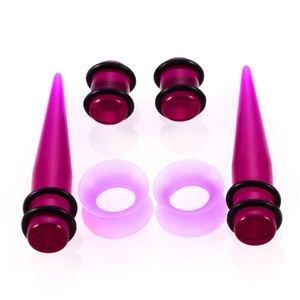 Detailansicht des lila Dehnstab Sets mit Acryl-Plugs und Silikon-Tunneln für Ohren