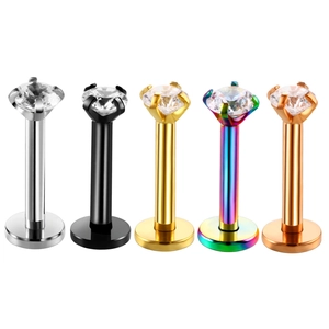 Polished stainless steel labret studs with four-prong set cubic zirconia in five colors