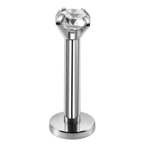Detailed close-up of a silver stainless steel flat back stud with a 4-prong set clear zircon