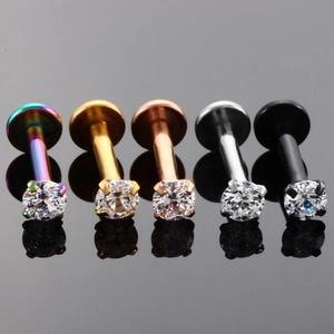 Five-color stainless steel labret studs set with four-prong set round cubic zirconia