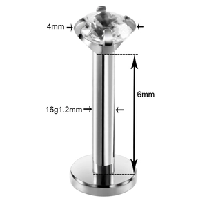 4mm round zircon labret stud in stainless steel with 16G 6mm dimensions on white background