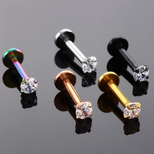 Five-piece set of stainless steel labret studs with claw-set zircon stones in various colors