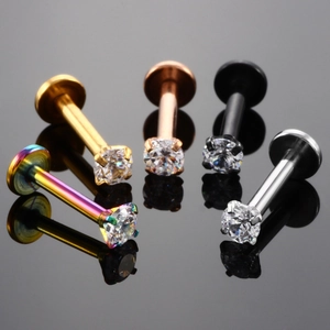 Five-piece set of stainless steel labret studs with round zircon in multi-color finishes
