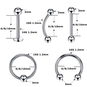 Detailed size guide for 16G stainless steel body piercing set with 3mm ball diameter