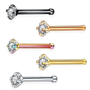 Five pieces of stainless steel nose studs with round cubic zirconia in assorted plating colors