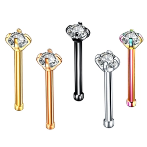 Five-piece stainless steel nose stud set with round cubic zirconia in various plating colors