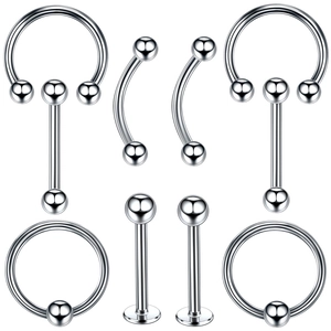 Detailed set of 10 silver stainless steel body piercing jewelry with polished finish