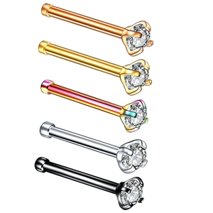 Five-piece stainless steel nose stud set with round zircon in multiple metallic colors