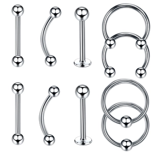 10-piece stainless steel body piercing set including horseshoe rings and barbells