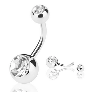 Set of 10 curved stainless steel belly rings with double sparkling clear zircons