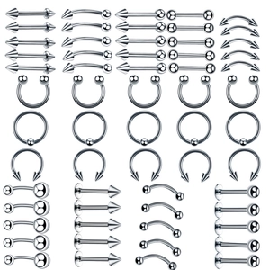 Detailed set of 110 surgical steel body piercing jewelry including hoops and studs
