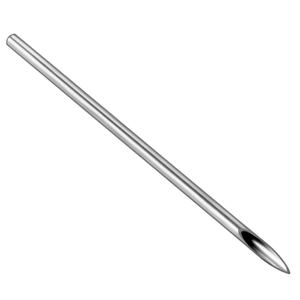 Macro detail of beveled tip on disposable stainless steel body piercing needle