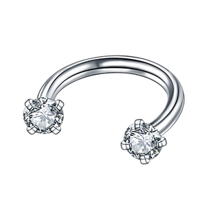 Macro shot of stainless steel horseshoe ring with 4-prong set cubic zirconia studs