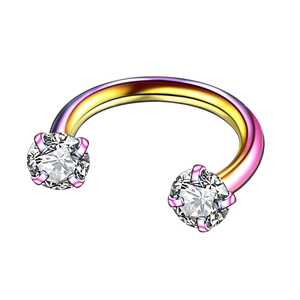 Rainbow gradient stainless steel C-shaped horseshoe ring with cubic zirconia