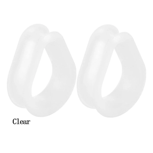 Pair of teardrop-shaped clear silicone ear gauges with double flared design on white back