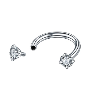 Polished stainless steel horseshoe ring with 3mm cubic zirconia and internal threads