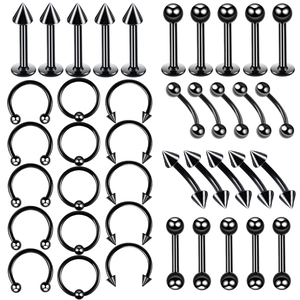 Detailed set of black stainless steel piercing jewelry including rings, studs and barbells