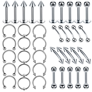 Detailed set of stainless steel body piercing jewelry including labret studs and rings